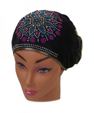 SSK Beautiful Metallic Turban-style Head Wrap - Blue/Pink Crystal Flower- Gold Trim - C9189XZUCXL