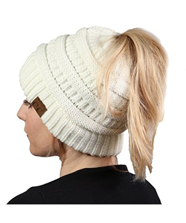 Aiyo Nice BeanieTail Womens Ponytail Messy Bun Beanie Solid Soft Knit Hat Cap - White - C5189I9DD9U