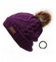 Women's Winter Fleece Lined Cable Knitted Pom Pom Beanie Hat with Hair Tie. - Purple - CU12MZHR9KL