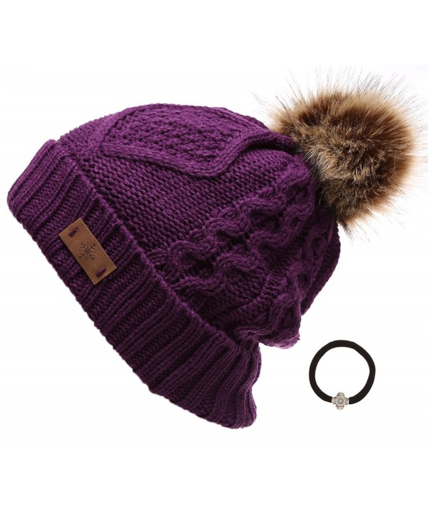 Women's Winter Fleece Lined Cable Knitted Pom Pom Beanie Hat with Hair Tie. - Purple - CU12MZHR9KL