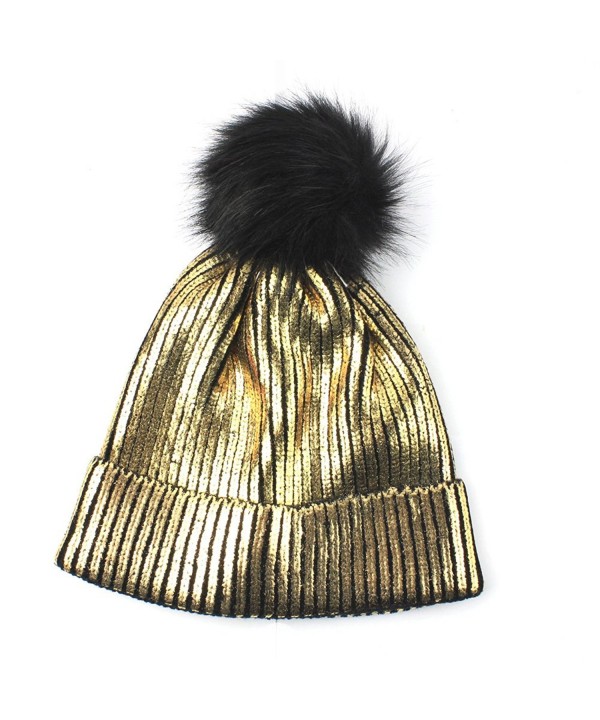 Genuiskids Women Fashion Pom Pom Beanie with Bling Sparkle Winter Fox Fur Slouchy Hat - golden - CJ188HM4T93