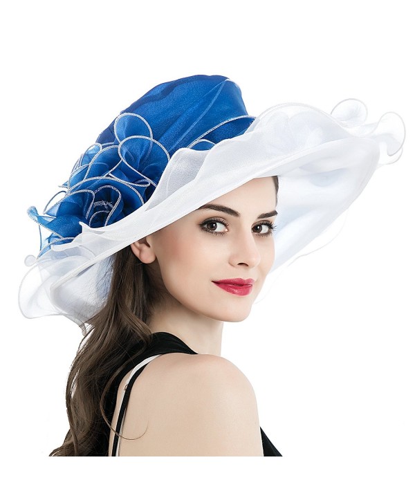 Dantiya Women's Kentucky Derby Church Summer Organza Wide Brim Party Wedding Hat - White and Blue - CR12O6K3GBU