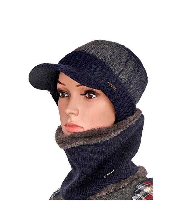 Winter Knit Peaked Cap Scarf Set Chunky Flat Hat Stripe Unisex Skull Cap Ski Cap - Blue - CZ1872U8C0Z