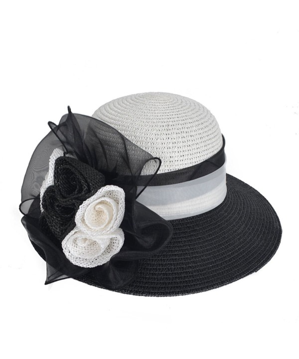 Women's Straw Cloche Hat Ribbon Flower Bucket Bridal Church Derby Cap - Black - CC12LT2WERV