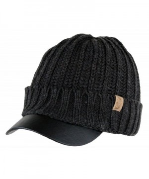 Men's Winter Visor Beanie Knitted Hat With Faux Leather Brim - Charcoal - C81266HRRPN