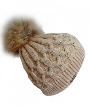 Frost Hats Rhinestones Winter Hat with Detachable Genuine Fox Fur Pom M-023RN - Beige - CZ11ZTTBUKX