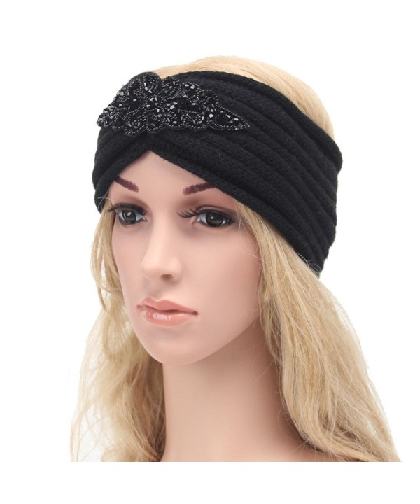 PHOTNO Women Bohemia Diamond Knitting Headband Handmade Keep Warm Hairband - Black - CE12MDUURJF