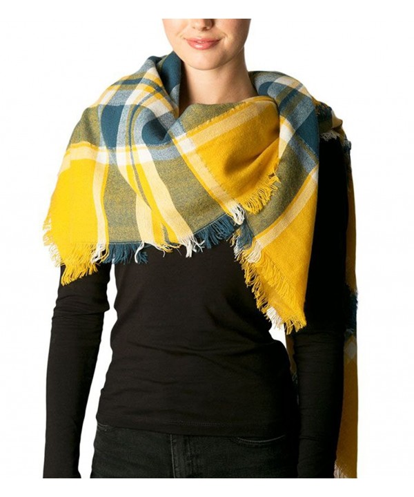 Women's Warm Oversized Checked Tartan Blanket Scarf Wrap Shawl With Brooch - 7220-mustard - CF188TWA3IY