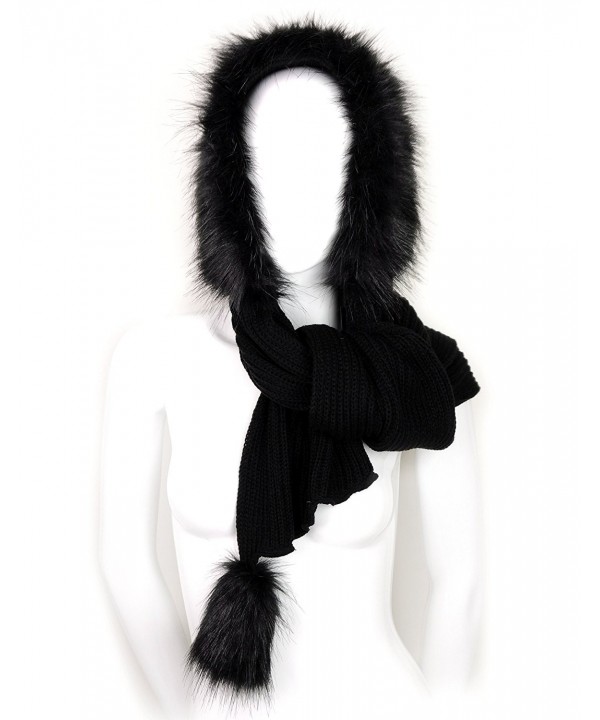 Futrzane Women Hooded Scarf Hat Knitted Wool Faux Fox Fur Long Warm - Black - Black - CD11GG6EUCD