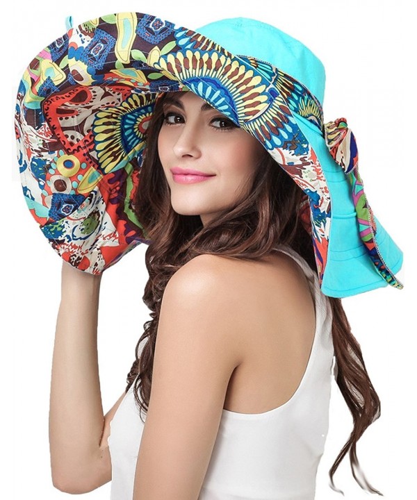 FakeFace Womens Wide Brim Sun Hat Floppy Canvas Summer Beach Bucket Hat UPF 50+ - Blue - CI12H96BHGP