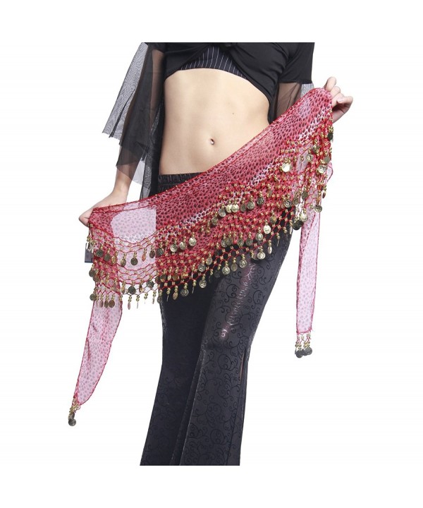 UPRIVER GALLERY Chiffon Ringing Coin Leopard Belly Dance Hip Scarf Waist Belt - Red - CT1295Z7V4F