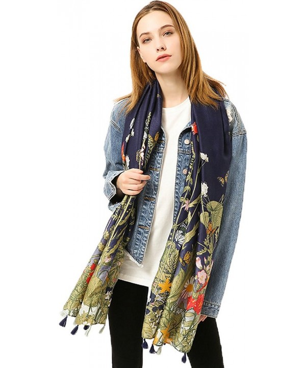 Ababalaya Women's Extra Large 70"&times35" Soft Print Scarf Wrap Beach Shawl Fringed - Navy Blue - CP18529RUQA