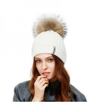 JULY SHEEP Crochet Knit Fur Hat With Real Large Fur Pompom Beanie Hats Winter Ski Cap - White - CK183NTC7W0