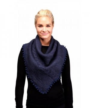 Women's Knitted Loop Tube Infinity Collar Scarf with Pom Poms - Navy - CL188LEUQYD