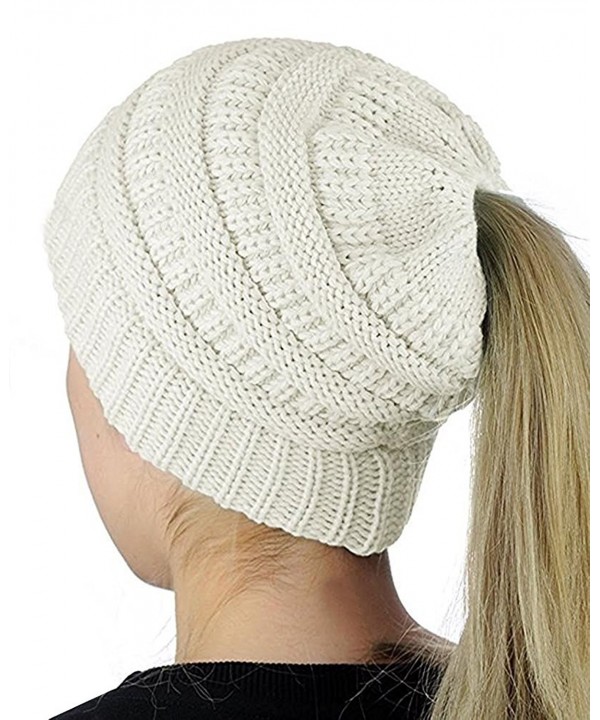 URUNIQ Women Beanie Ponytail Hat Messy High Bun Knit Hat Ribbed Stretchy Cap - White - CG187Q65UMO