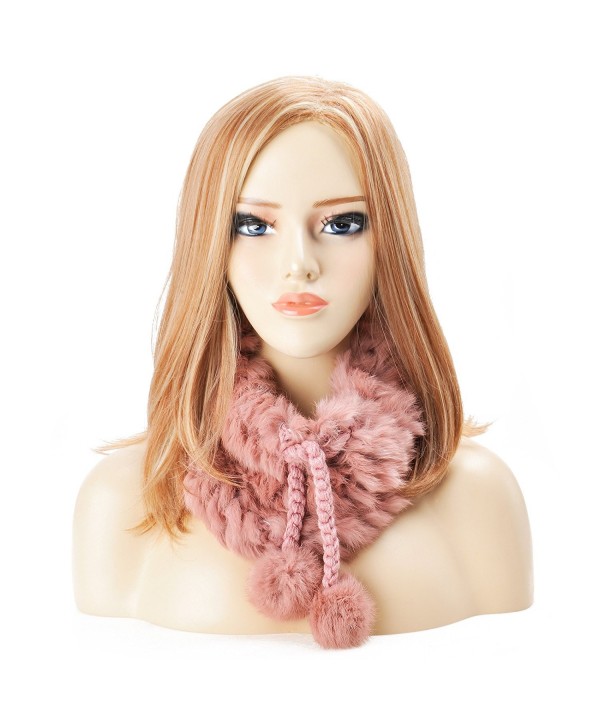 ZLYC Women Rex Rabbit Fur Two Way Use Neck Warmer Scarf Beanie Hat with Adjustable Drawstring - Pink - CB12LAMNL85