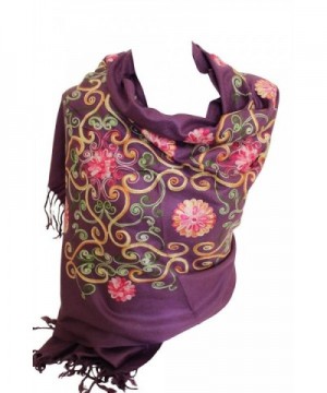 Premium Lush Embroidered Pashmina Feel Scarves Shawl Stole Wrap Head Scarf - Purple - CM12NT9FFQH
