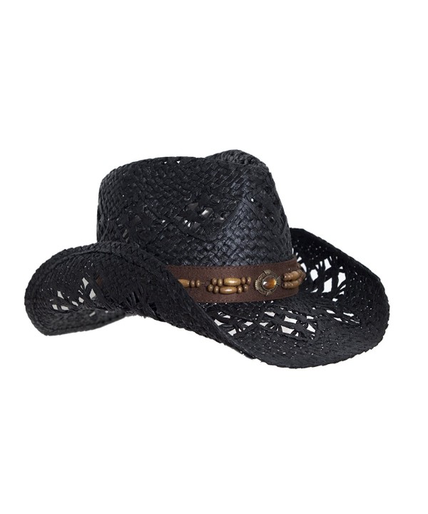 Straw Cowboy Hat W/ Vegan Leather Band & Beads- Shapeable Brim- Beach Cowgirl - Black - CT11UYA6TOD