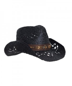 Straw Cowboy Hat W/ Vegan Leather Band & Beads- Shapeable Brim- Beach Cowgirl - Black - CT11UYA6TOD