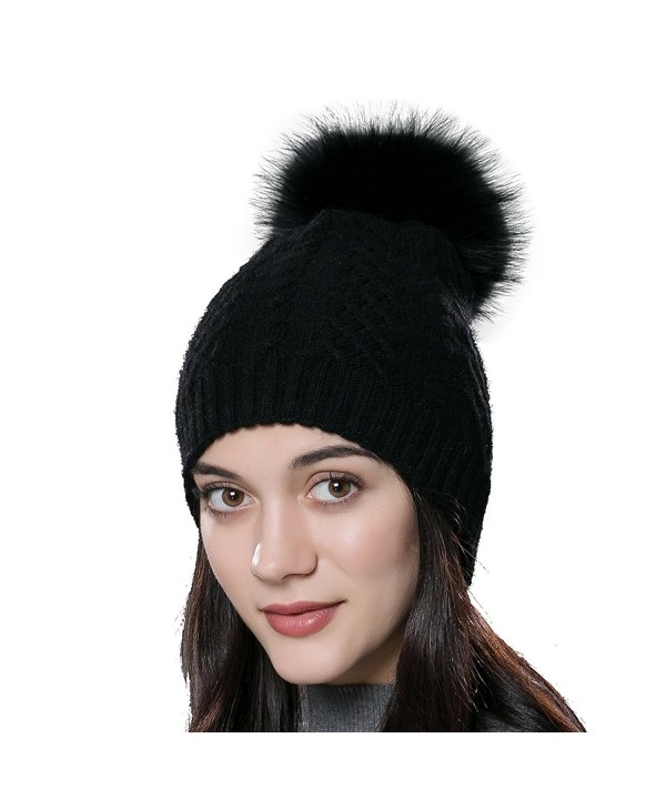 URSFUR Womens Winter Bobble Hat Unisex Wool Knit Beanie Cap with Fur Ball Pompom - Black With Fox Fur Pompom - CK12N23NCMT