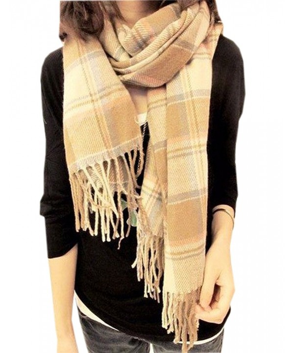 Xinliya Cashmere Large Chequered Plaid Checked Tartan Scarf Wrap Shawl - Beige - CN11R7UXY97