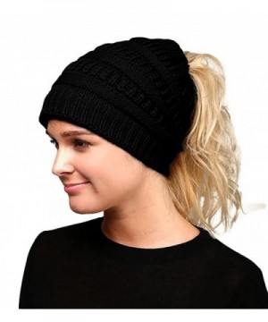 Fashion Love Super Soft Solid Color Cable Knit Warm Winter Stretch Beanie Cap Ponytail Bun Hat (Black) - C918902S2E2