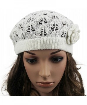 Womens Super Soft Flower Laciness Knit Beanie Hat - White - C111ZVCXGOL