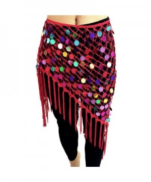 Belly Dance Hip Scarf with Sequins- Triangle Net Crocheted Belt for Belly Dance - Red - CD184DSUZ2G