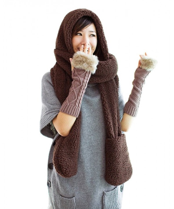 Tonwhar Womens Cute Winter Thick Warm Long Hooded Scarf with Mittens - Coffee - CK11PH7SBP9