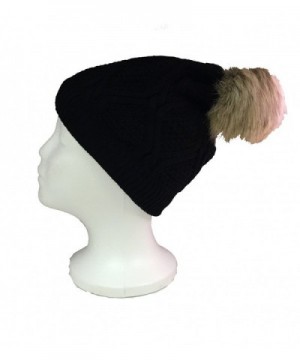 Women's Premium Faux Fur PomPom With Warm Fur Lining Knitted Slouchy Beanie Hat - Black - CX120AXG4H5