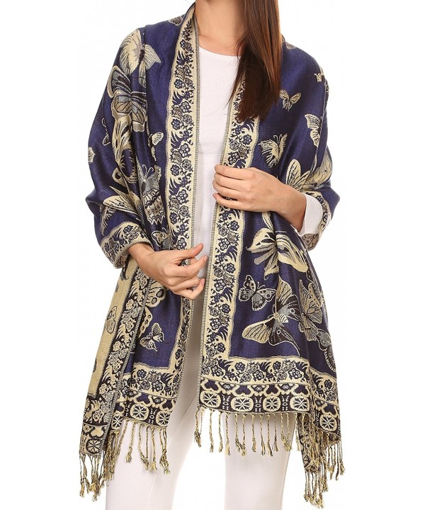 Liua Long Wide Woven Patterned Design Multi Colored Pashmina Shawl / Scarf Royal Blue CU12L8VR08B