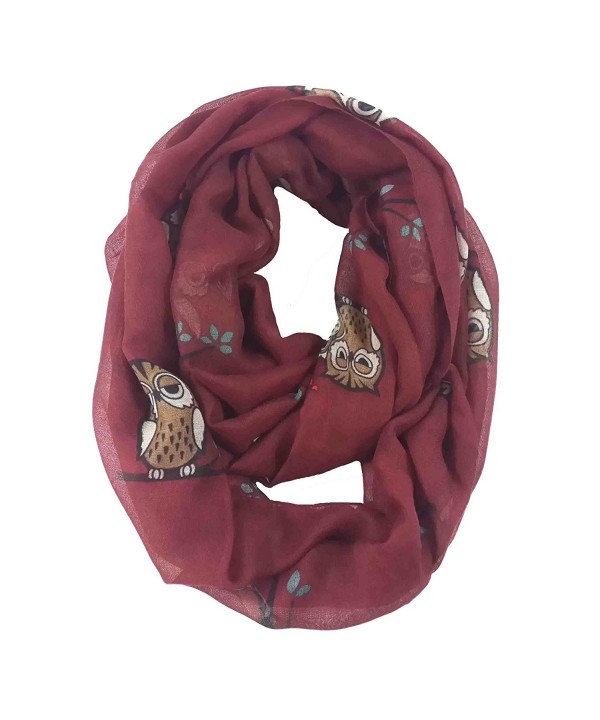 Lina & Lily Cute Owl on Tree Print Infinity Loop Scarf Lightweight - Red - CR11P8SAN57