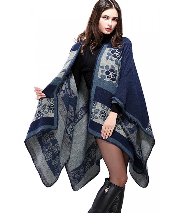 YACUN Women's Winter Reversible Oversized Blanket Poncho Cape Shawl Scarves - DarkBlue - CE12M7YJ739