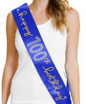 100th Birthday Party Supplies Happy 100th Birthday Sash by RhinestoneSash.com - Blue (Metallic Gold Graphic) - CI12OCBZQ42