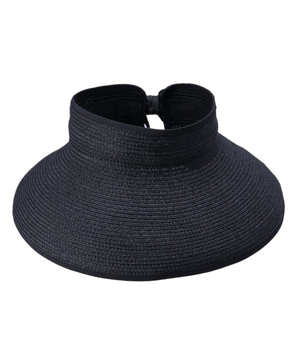 ACVIP Women Straw Sun Hat Adjustable Beach Cap Roll up Open Top Visor - Black - C211KU7SWRD