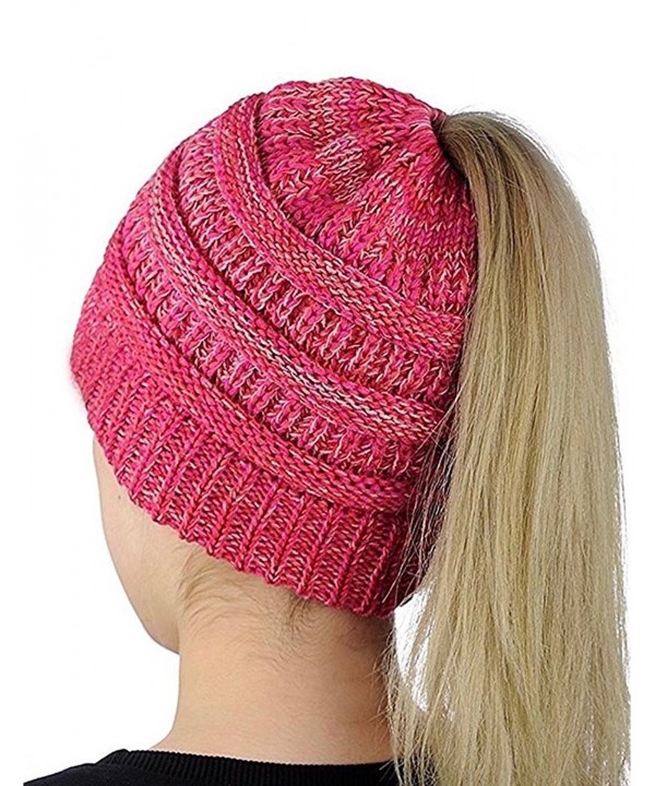 AP WorldWide Ponytail Beanie: Soft- Stretch- Cable Knit- Warm- Casual- Fitted- Hat - Pink - CB1896HRK2G