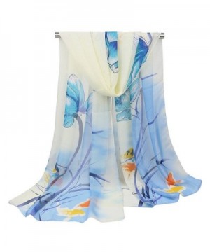 GERINLY Chiffon Scarves Lotus Flower Pint Sheer Neck Scarf - Beige+lightblue - CP1825996YL