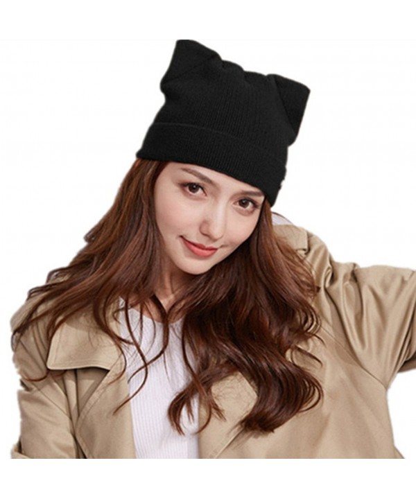 Penny's Women Cat Ear Beanie Hat Wool Braided Knit Trendy Winter Warm Cap - Dark Black - CS1895I895C