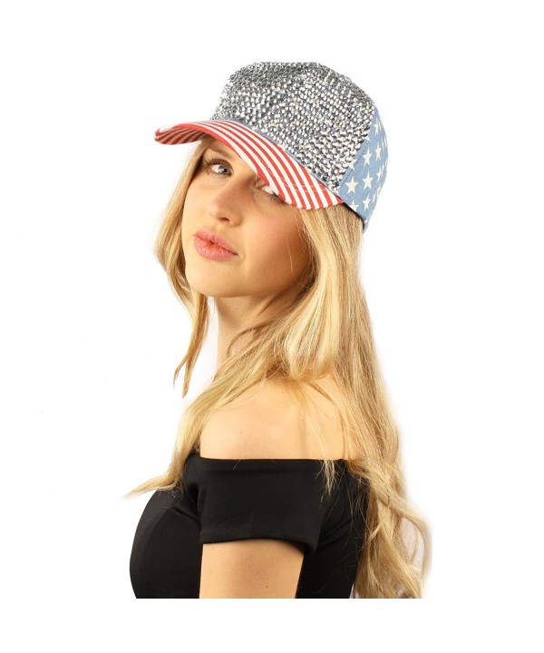 USA Flag Jewel Rhinestone Bling Studs Baseball Ball Cap Sun Hat Adjustable - Blue - C112E4J97J9