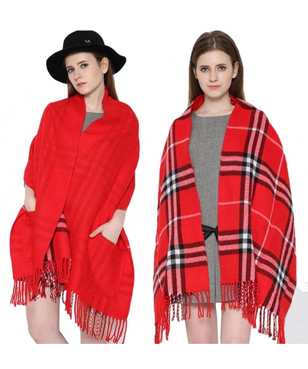 Longwu Cashmere Feel Blanket Scarf Super Soft with Two Pocket and Tassel Warm Shawl for Women - Red - CB187LDEN0G