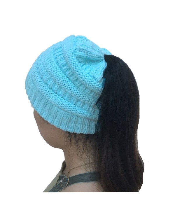 WONBURY Beanie Tail Womens Knit Ponytail Messy Bun Beanie Solid Ribbed Winter Hat Cap - Blue - CL187G0GG0E