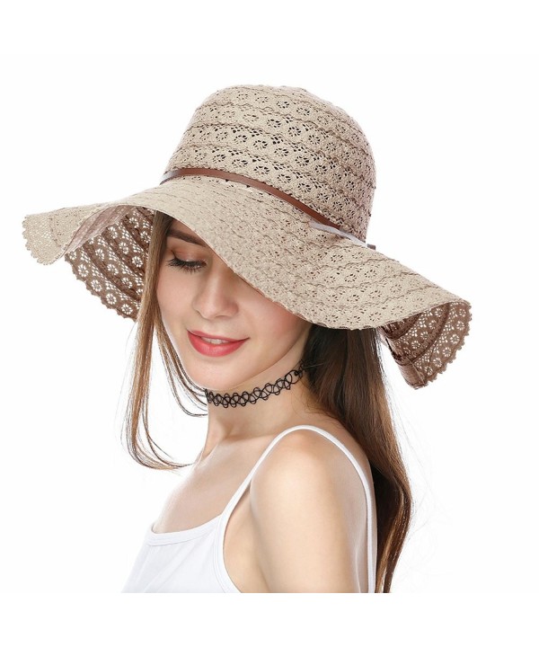 JULY SHEEP Summer Lace Cotton Sun Hat Wide Brim Beach Hat Floppy Summer Sun Caps Foldable - Khaki - CB183NSNUG9