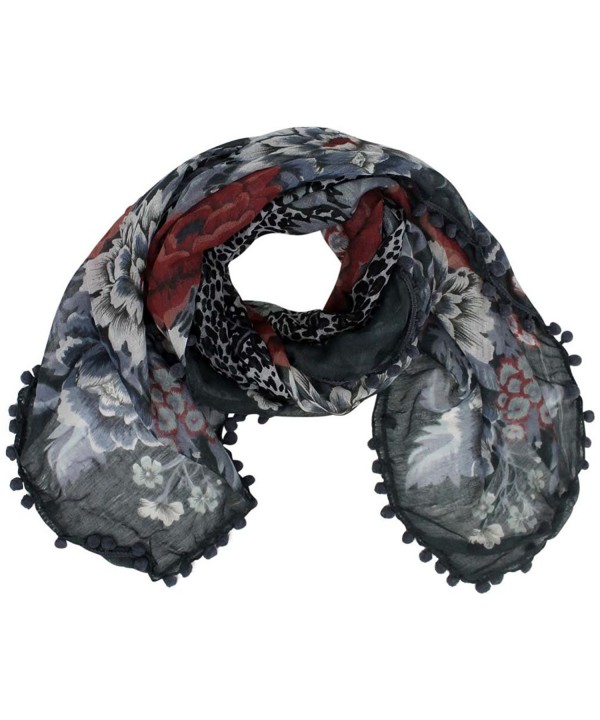 Multicolor Floral Square Scarf With Pom-Pom Trim - Gray - CS1167ES4C1