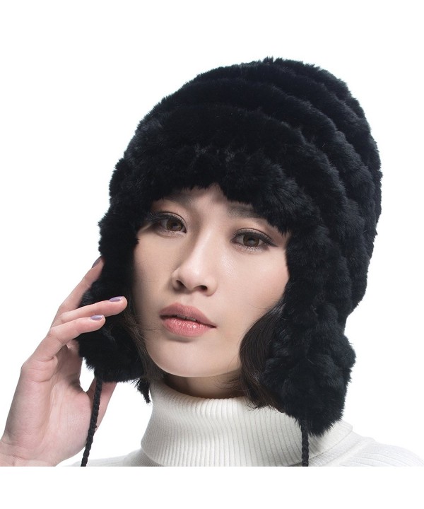 URSFUR Women Rex Rabbit Fur Knit Peruvian Beanie Hat Unisex Warm Earfalp Ski Cap - Black - CK11FG5AP19