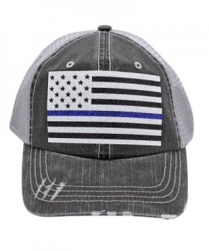 Thin Blue Line American Flag Police Wife Mom Women Glittering Distressed Trucker Style Cap Hat - CG17Z4L4EU5