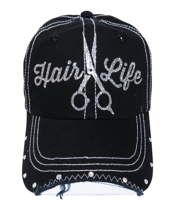Silver Glitter "Hair Life" Scissor Black Baseball Cap W/Rhinestones Hat Hair Stylist - CA12O4RW15B