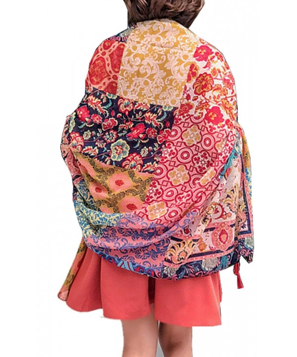 Women's Boho Bohemian Soft Blanket Oversized Fringed Scarf Wraps Shawl Sheer Gift - Orange Floral - CC189UNQLO3