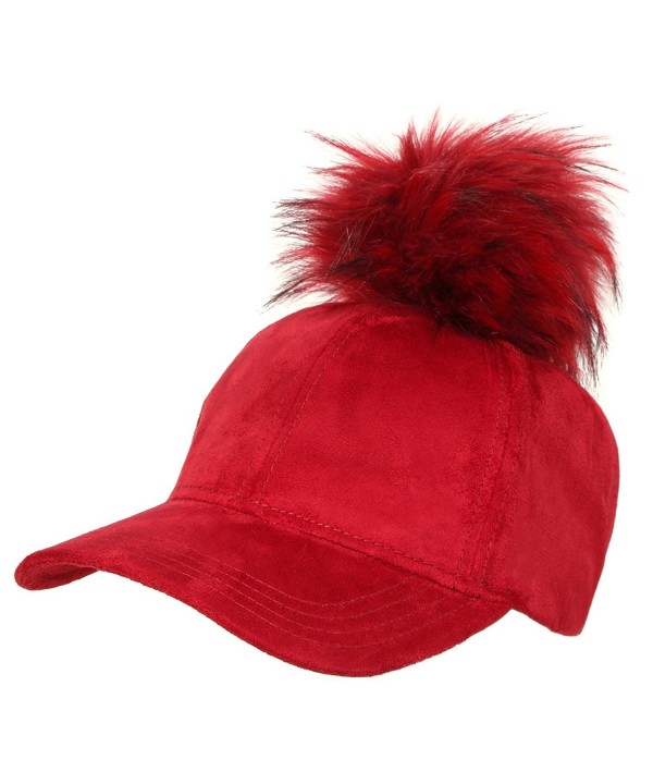 Funky Junque's Women's 6 Panel Large Faux Fur Pom Pom Suede Baseball Velcro Cap - Burgundy - CF12MALYOCO