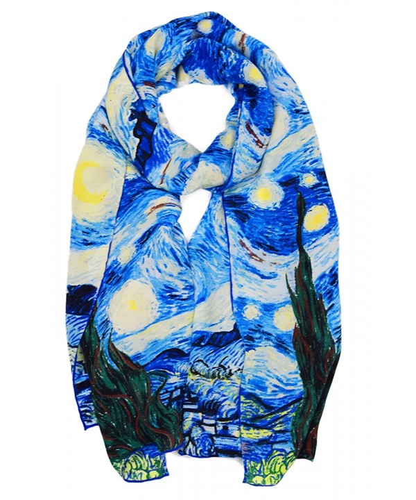 ELEGNA Women 100% Silk Art Collection Scarves Long Shawl Hand Rolled Edge - Van Gogh's Light Starry Night - C61887N8ALU