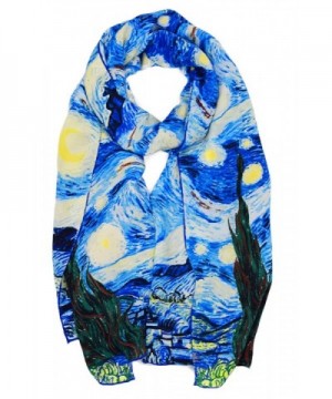 ELEGNA Women 100% Silk Art Collection Scarves Long Shawl Hand Rolled Edge - Van Gogh's Light Starry Night - C61887N8ALU
